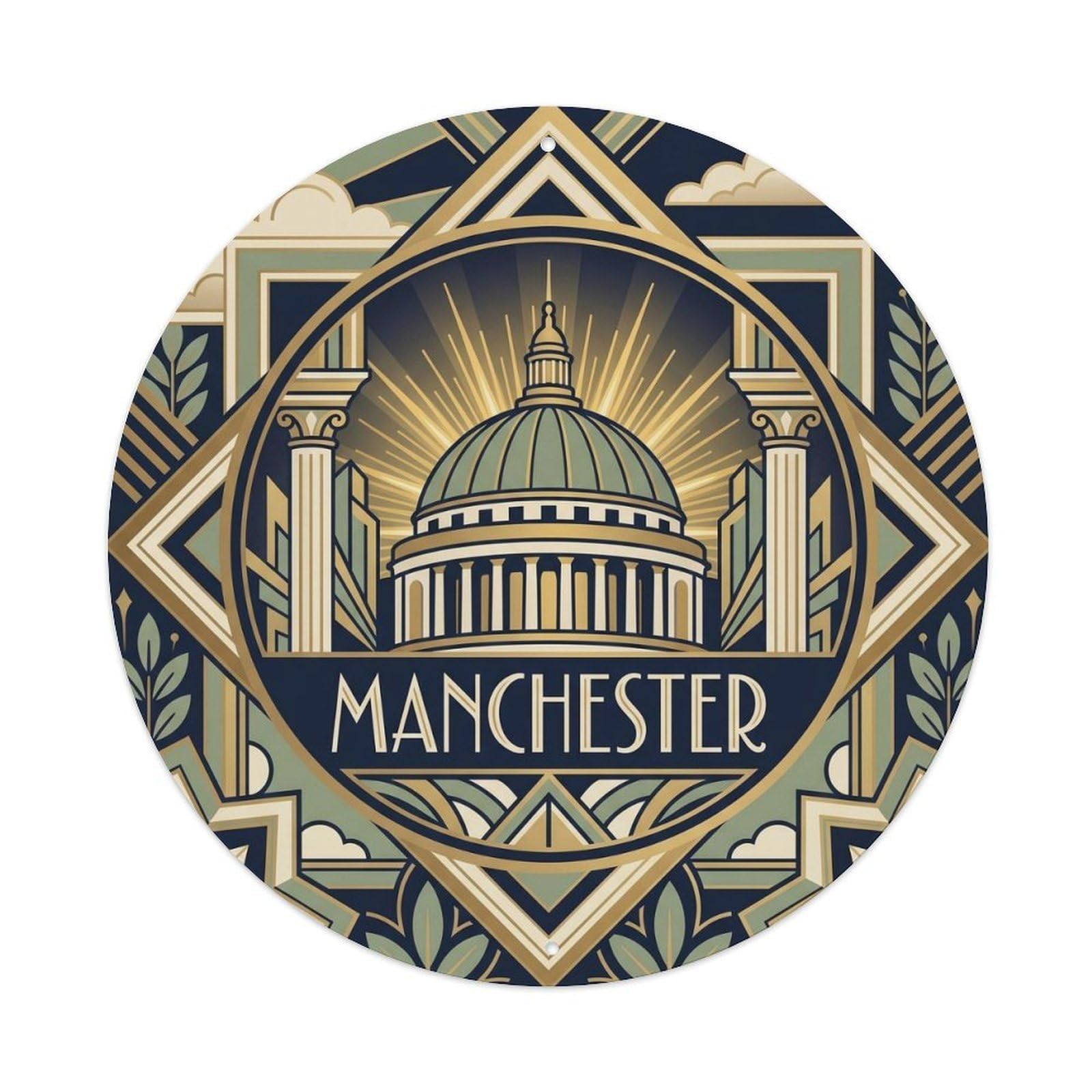 Manchester Library Dome Deco Vintage Cityscape Travel Metal Tin Sign Plaque Wall Decor for Cafe, Man Cave, Club Bar, Office, Home Garden Round Metal Poster 8x8Inch