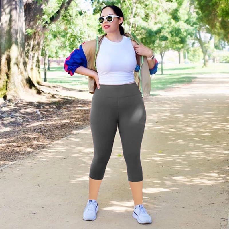 NEW YOUNG 3 Pack Plus Size Capri Leggings with Pockets for Women,High Waist Tummy Control Workout Yoga Leggings image 4