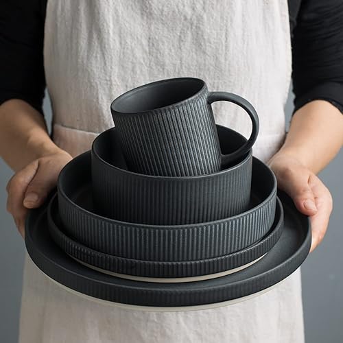 Miniatura 4 de Famiware Star - Juego de vajilla de 4 platos y cuencos para 4, juego de platos de 12 piezas, negro mate