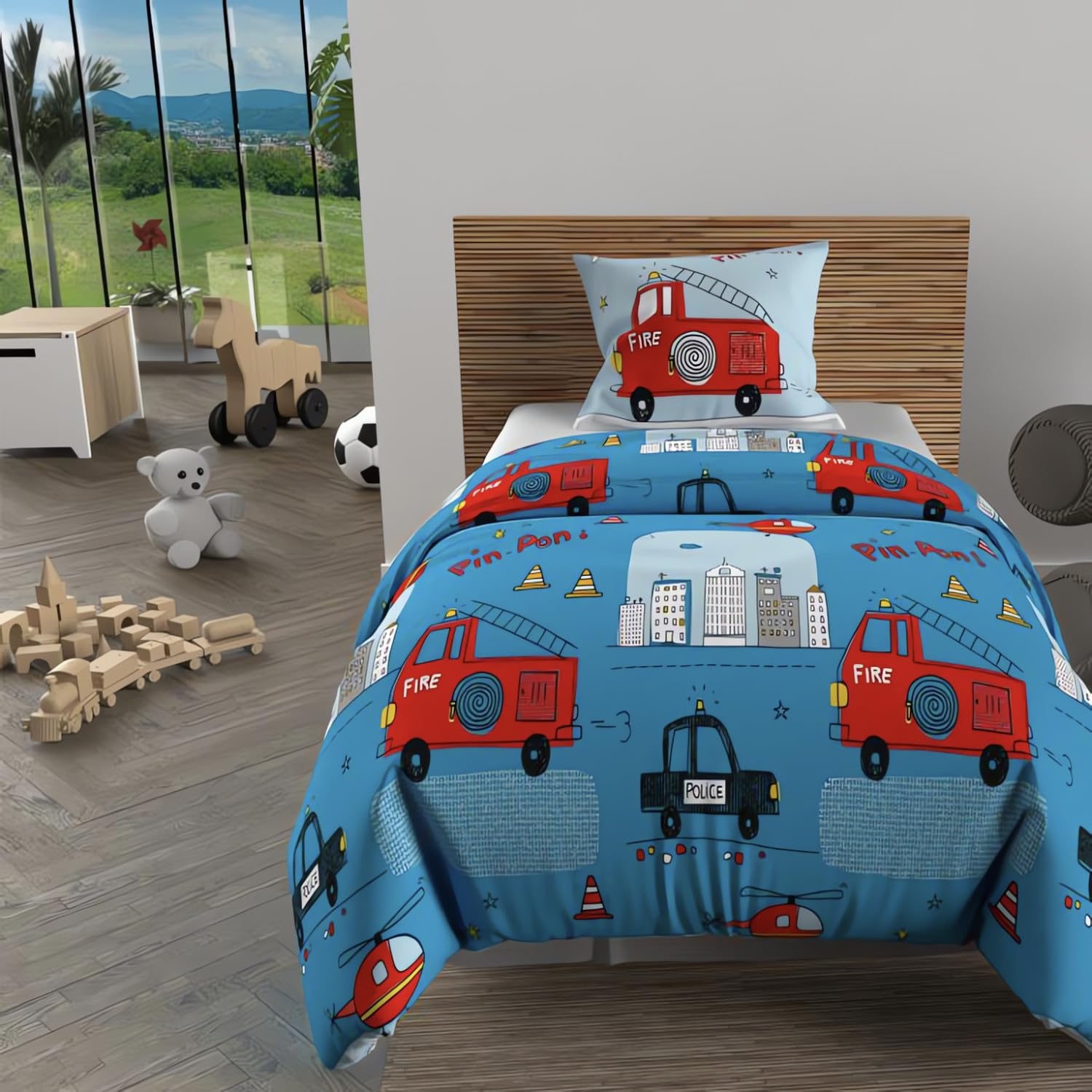 Housse de couette pompier 140x200 cm anti-transpiration en pur coton 57 fils bleu pour enfant