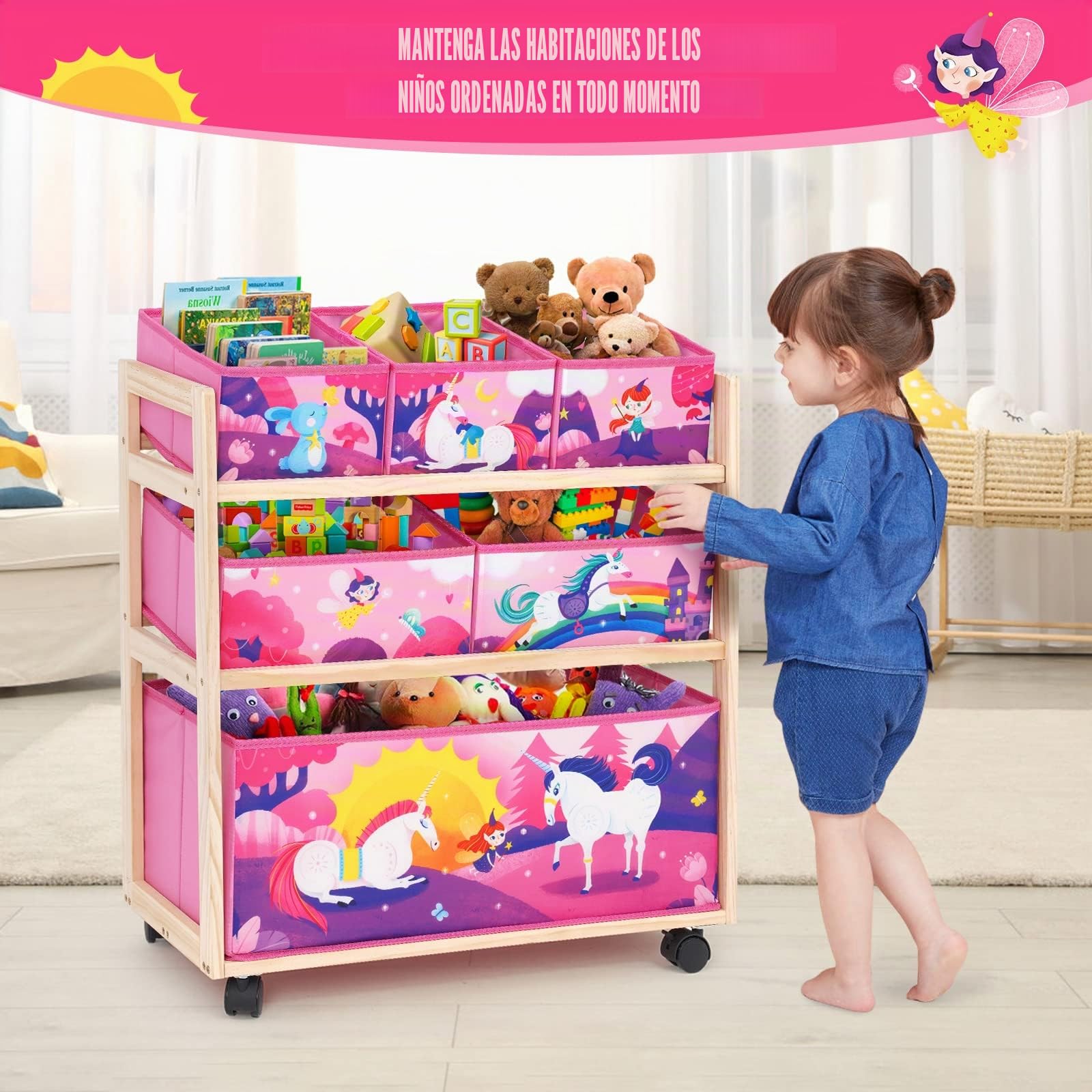 Organizador de juguetes para niños con ruedas y 6 recipientes de almacenamiento de gran capacidad para guardar juguetes para habitación de niños, habitación de niñas