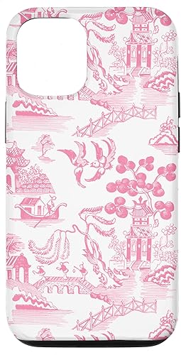 Funda para iPhone 13 Pro Preppy Pink Willow Pattern Chinoiserie Toile