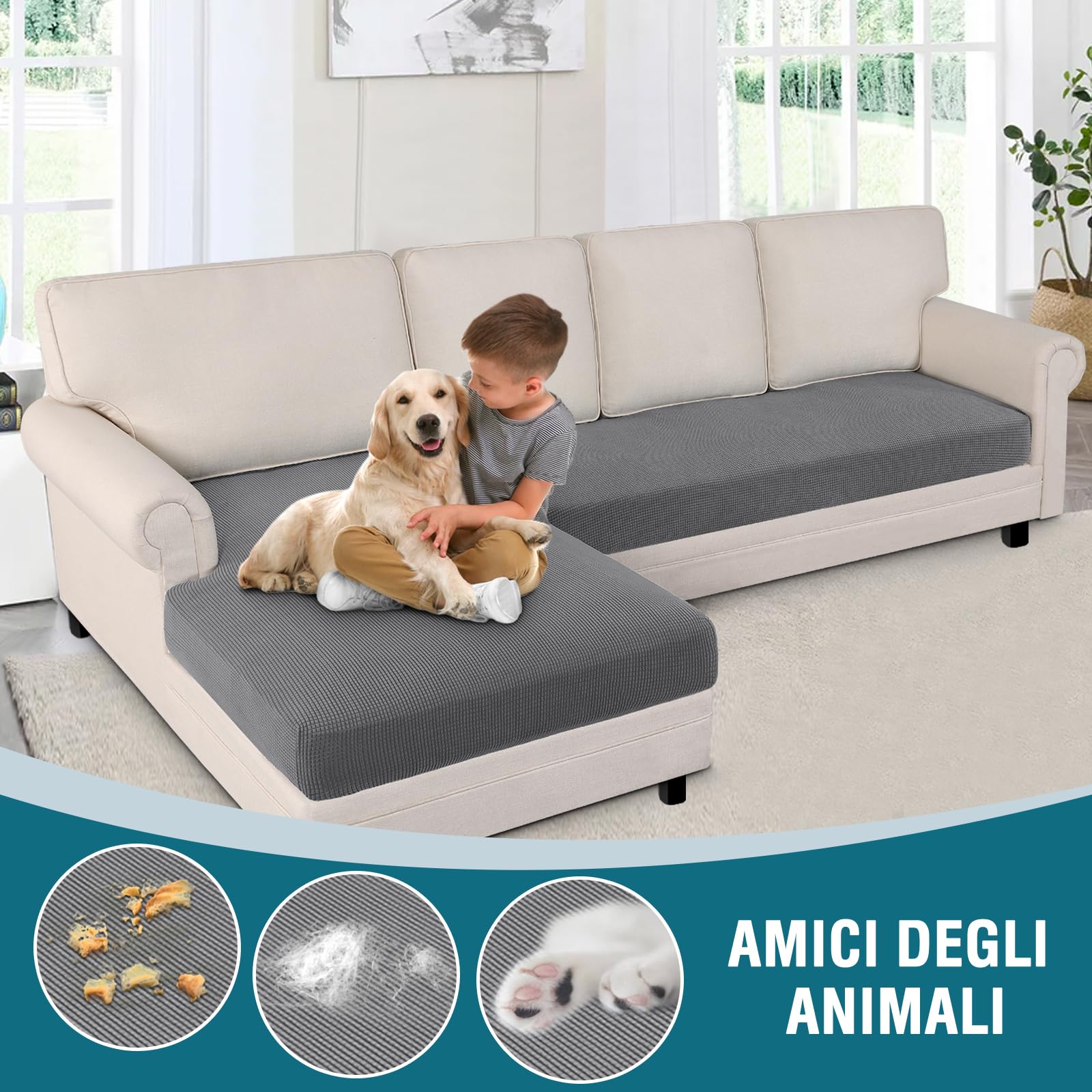 BellaHills Elasticizzato Copridivano 3 Posti Con Penisola, Copriseduta Divano, Copricuscino Divano, Soft Copri Cuscino Divano, Copri Seduta Per Divano (3 Posto + Chaiselongue, Grigio Chiaro)