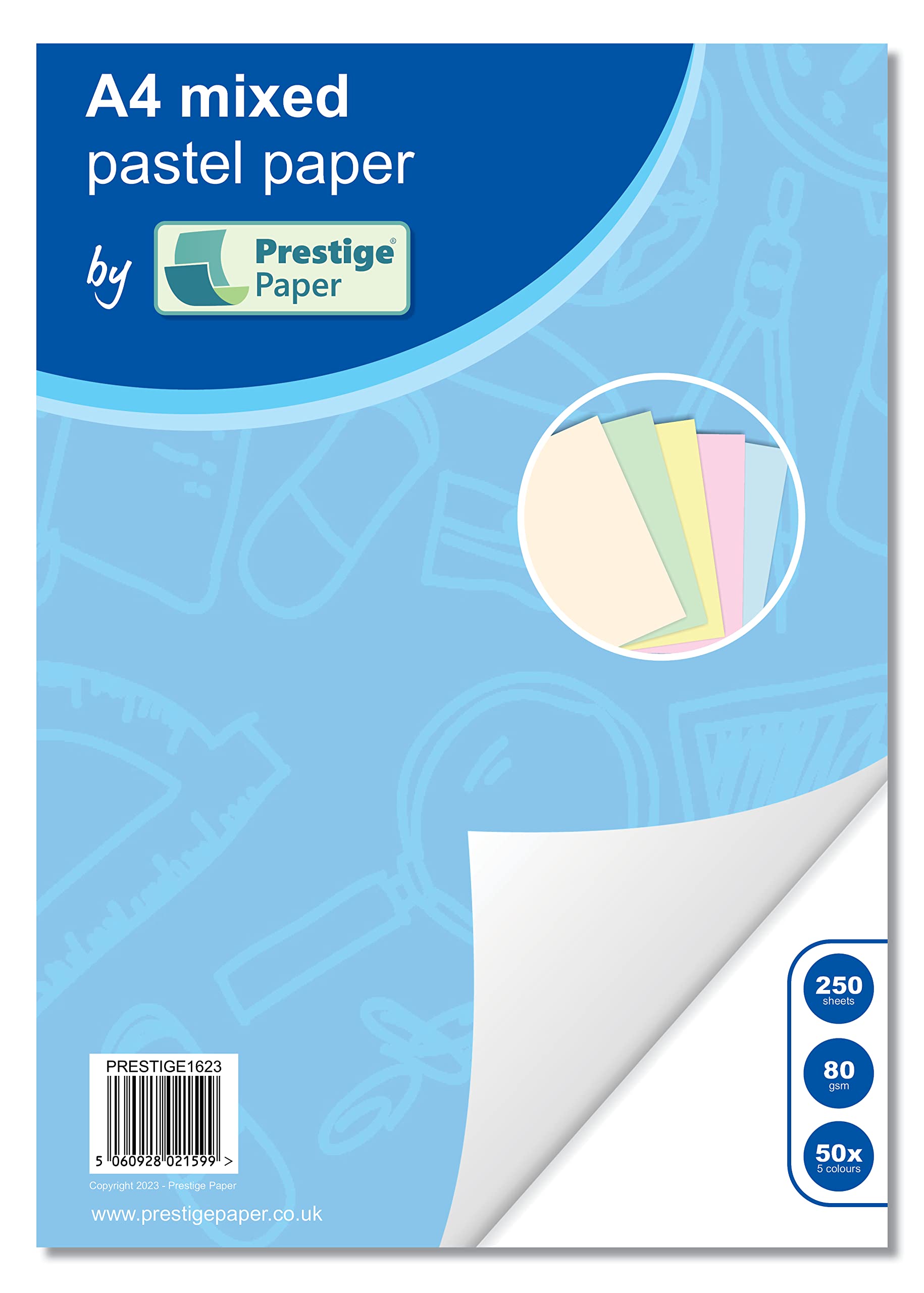 Prestige A4 Mixed Pastel Paper - Assorted Coloured 80gsm Paper - Pastel Colours - Pack of 250 Sheets -50 Each of 5 Colours