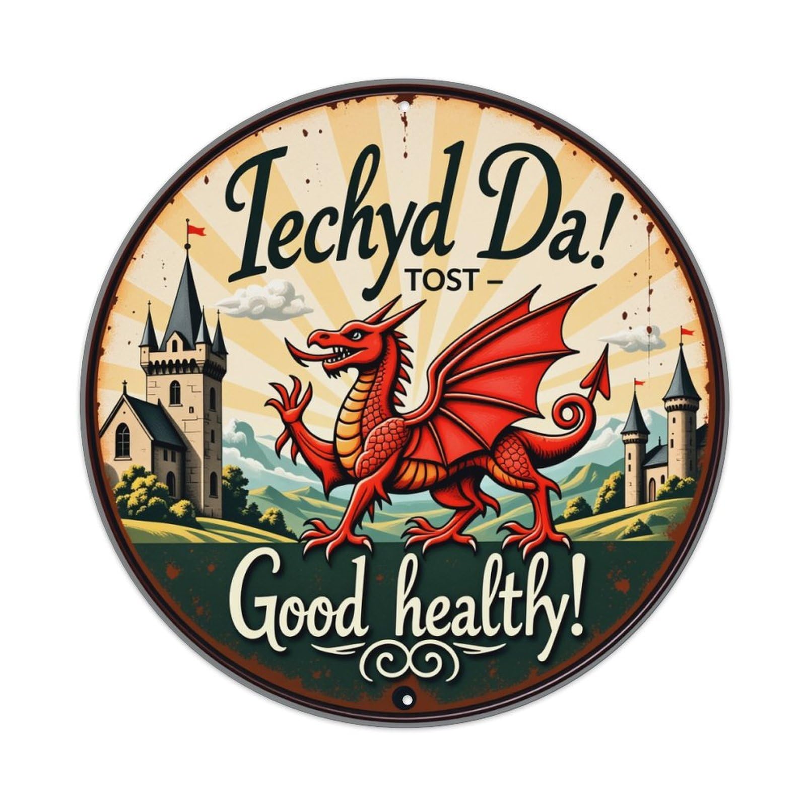 Dragon Castle Sunburst Welsh Greeting Round Tin Sign Vintage Style Metal Sign Home Bar Garden Wall Plaque Decor Metal Poster 8x8 Inch