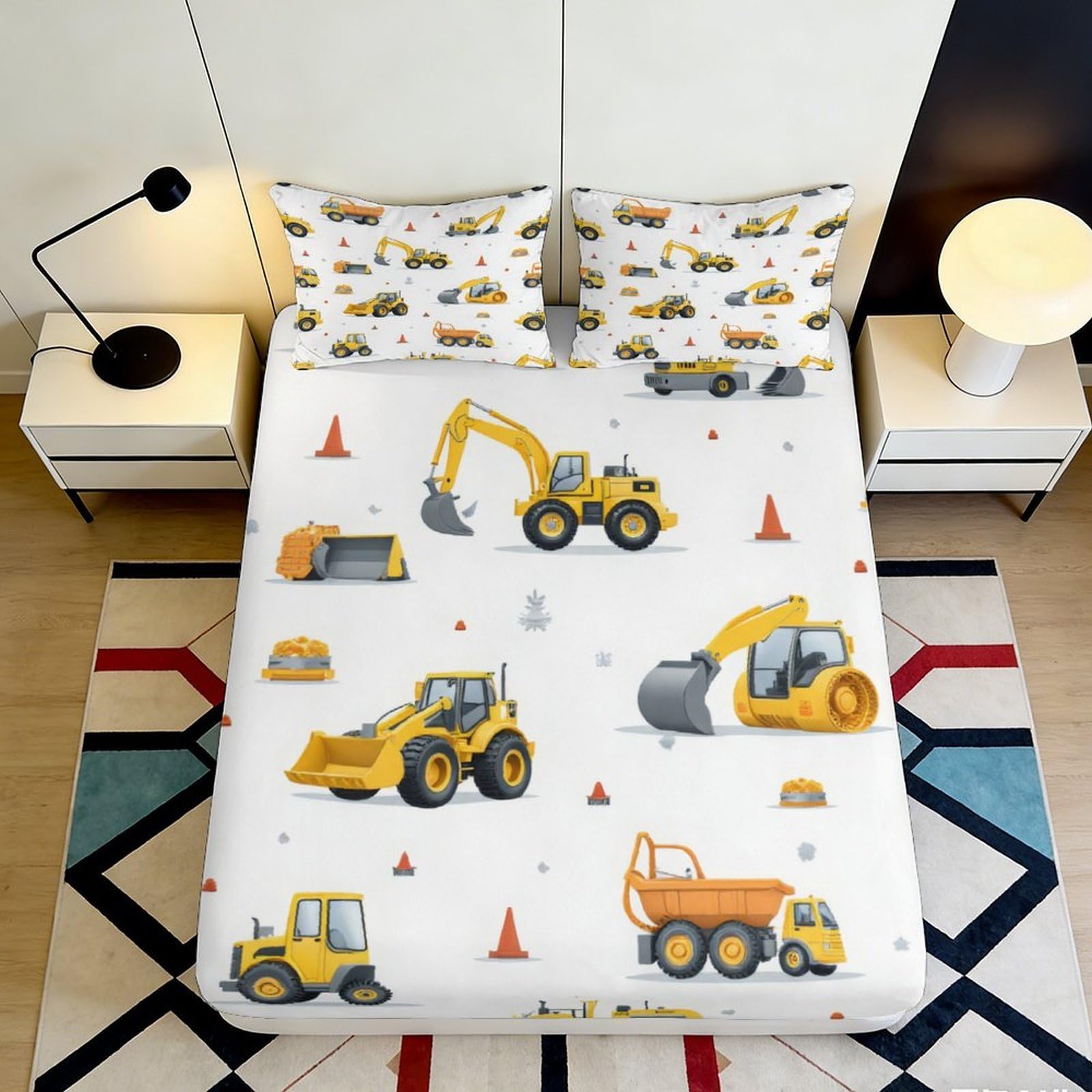 3D Printed Construction Truck Fitted Sheet Microfiber Soft Breathable Excavator Mattress Cover for Bedroom Kids Guestroom 90x200x25cm