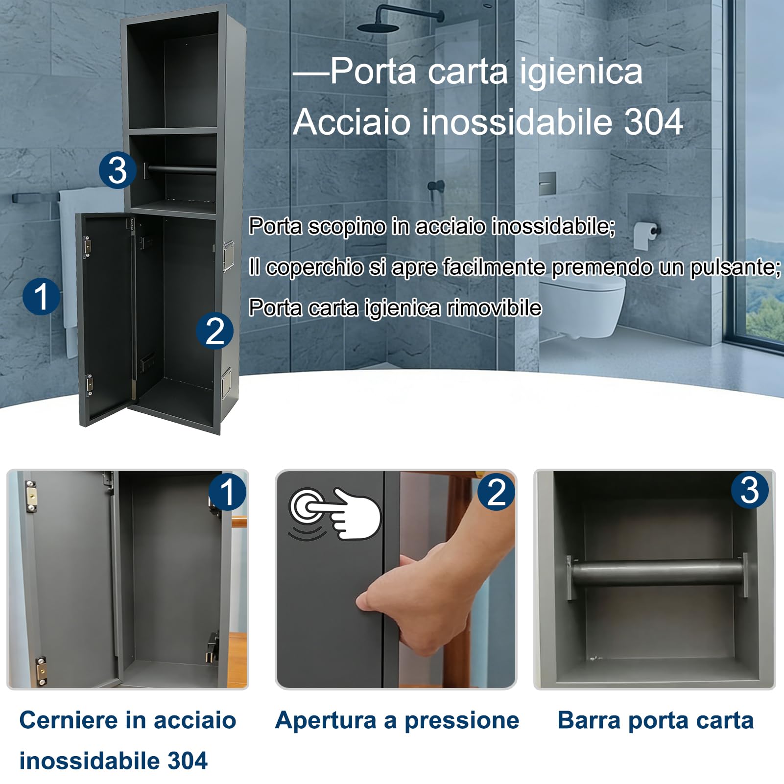 HJZALMI Portarotolo per carta igienica, da incasso, 80 x 18 x 12,5 cm | in acciaio inox 304, con scomparto extra, push-to-open, nero