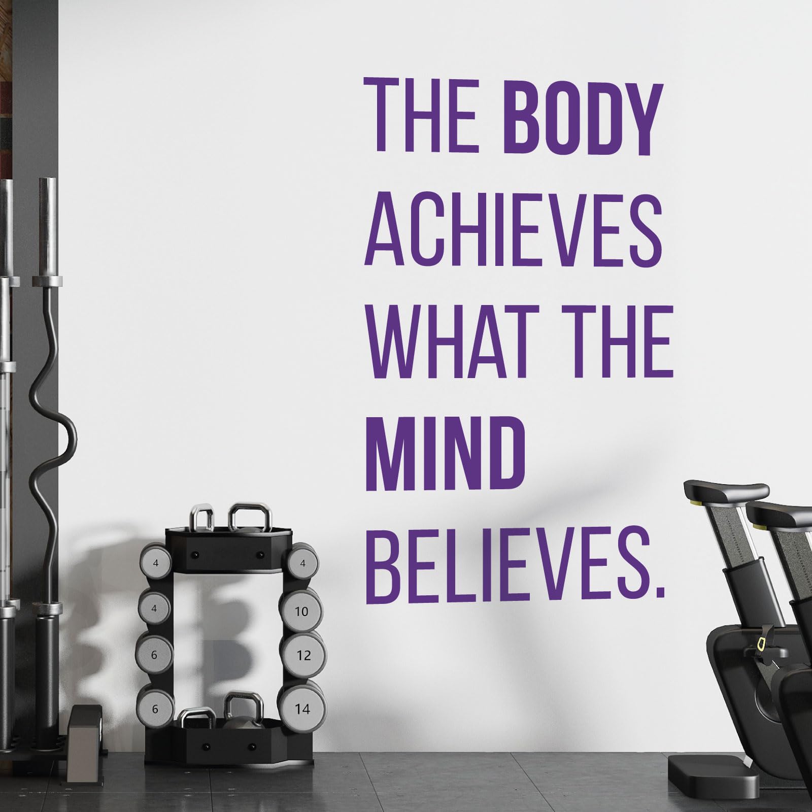 The Body Achieves What the Mind Believes - Gym Motivational Quote Decal Wall Sticker [XLarge] [Purple]
