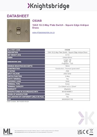 Knightsbridge CS2AB Square Edge 1G Light Switch - Antique Brass