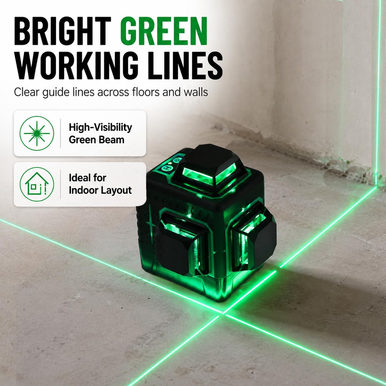 KATSU Niveau Laser 3D 12 Lignes, 3x360 Degrés Ligne Croix Verte Horizontale Verticale Auto-nivelant Carrelage de Sol Outil Laser avec Mode Impulsion pour Intérieur et Extérieur, 2X Piles Incluses