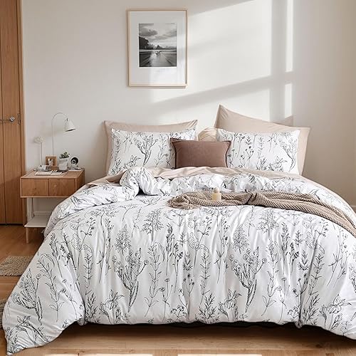 Janzaa - Juego de edredón blanco de 3 piezas ropa de cama de microfibra suave con estampado de flores de plantas con 2 fundas de almohada para todas