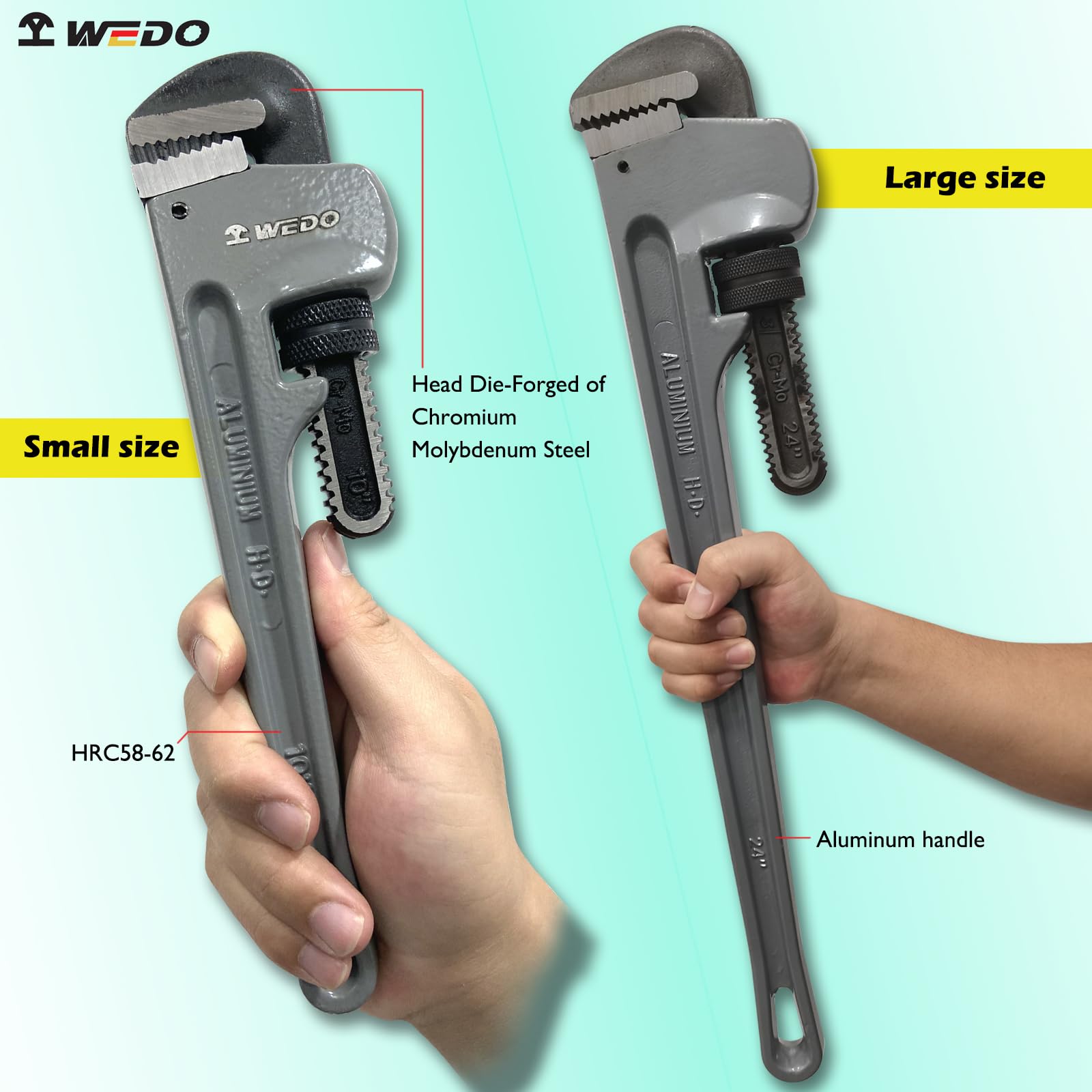 WEDO 4 szt. prostych kluczy do rur, 20 cm, 25 cm, 35 cm, 45 cm, wytrzymały aluminiowy regulowany zestaw kluczy hydraulicznych, głowica kuta ze stali chromowo-molibdenowej, szczęki poddane obróbce
