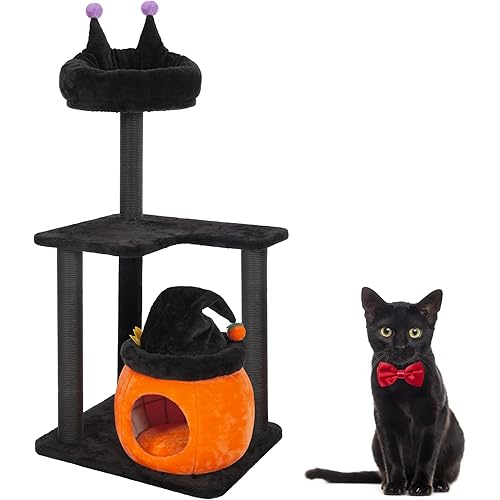 KAMABOKO Gothic Cat Tree, 44.8in Black Cat Tower with Coffin Bed, Big Tall Cat Condo with Sisal Scratching Posts, Scratching Ramp and Comfort Basket for Indoor Cats