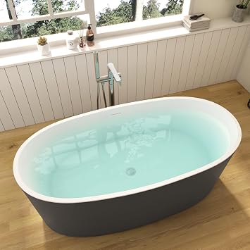 59 Lucite Acrylic Freestanding Bathtub, Columnar Shape Contemporary Soaking Tub with Toe-tap Chrome Center Drain, Slotted Overflow, cUPC Certified, 37Grey