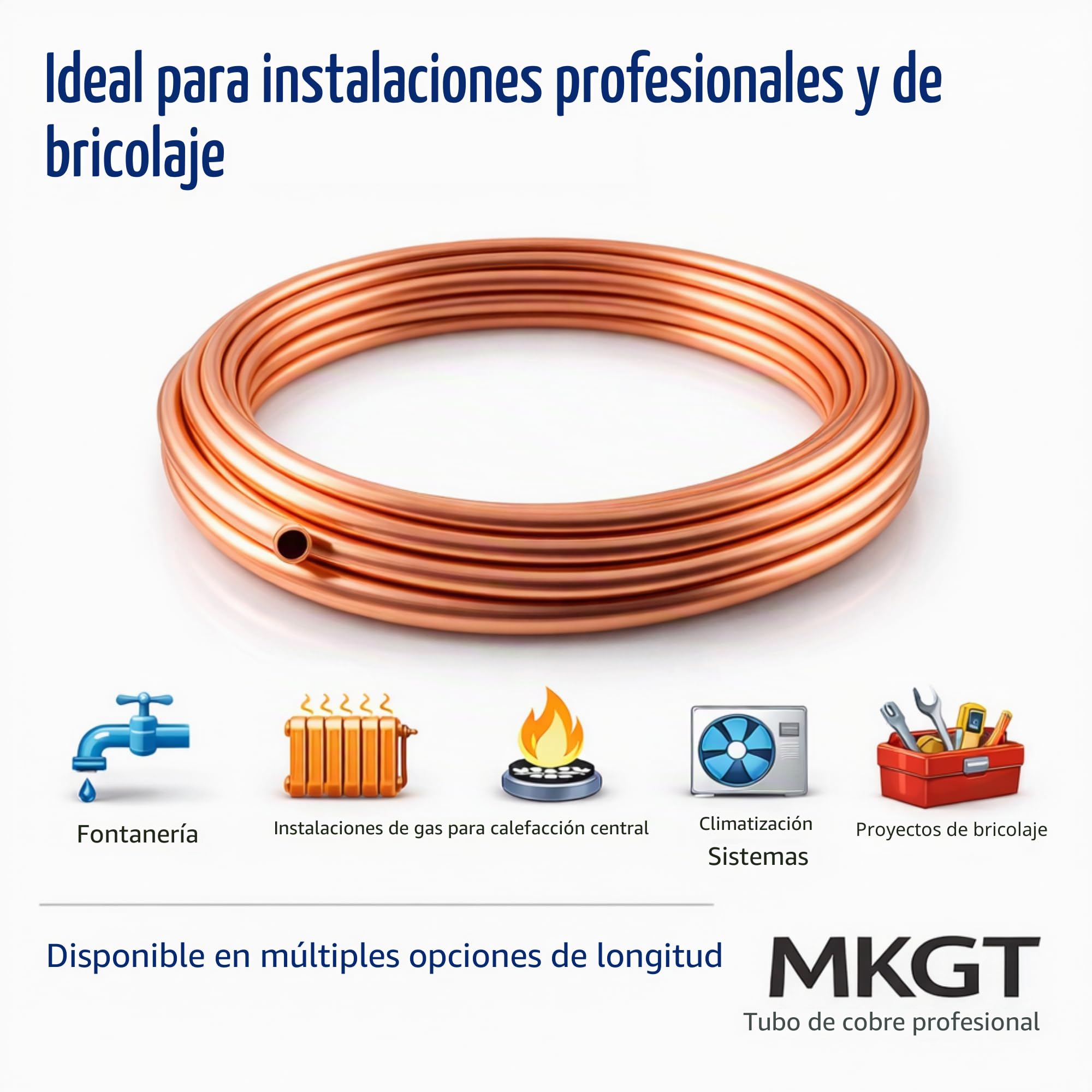 Tubo de cobre en espiral de microorificio flexible para instalaciones de agua, gas, fontanería y bricolaje (10 mm, 3 metros)