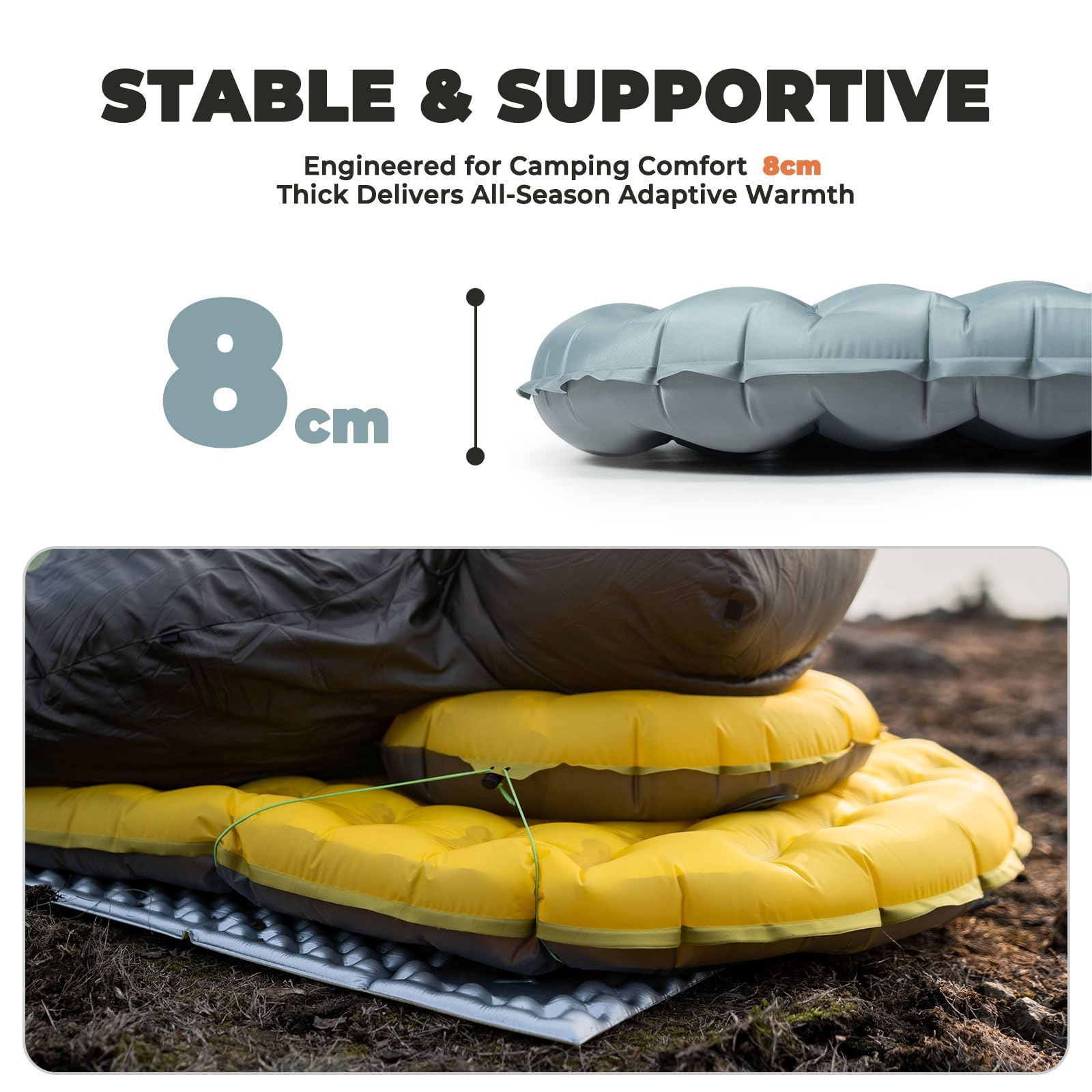 Materassino Campeggio Autogonfiabile 5,0R (-20℃) Ultraleggero, Materasso Gonfiabile Singolo Spessore 8cm con Cuscino Portatile Pieghevole, per Escursionismo Trekking Tenda Viaggio, Giallo, M