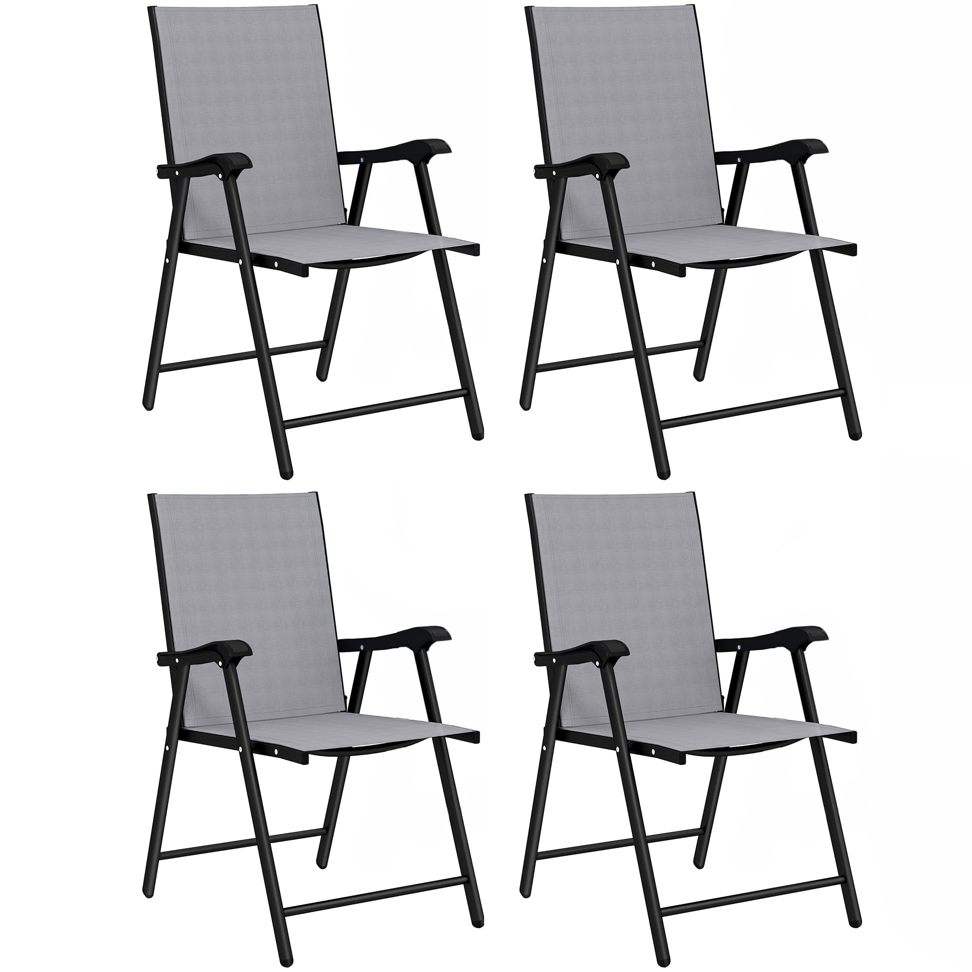 Outsunny Folding Garden Chairs Set of 4, Foldable Garden Dining Chairs with High Back and Armrests, Breathable Texteline Folding Outdoor Chair Set with Metal Frame for Patio, Balcony, Light Grey