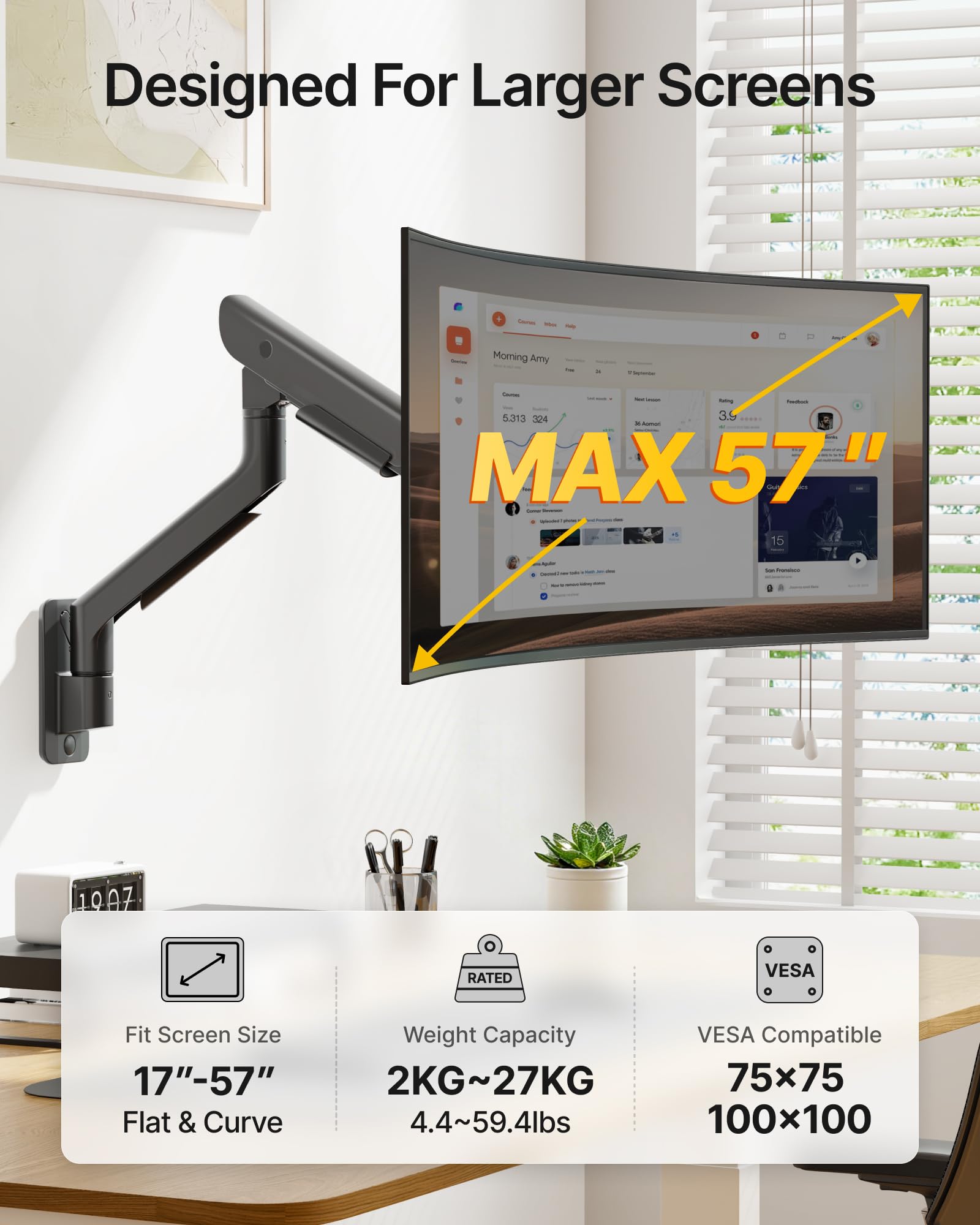 monTEK Support mural simple pour écrans ultra larges de 17 à 57" jusqu'à 27 kg, bras de moniteur à ressort à gaz en aluminium robuste avec réglage de la hauteur, inclinaison/pivotant/levage