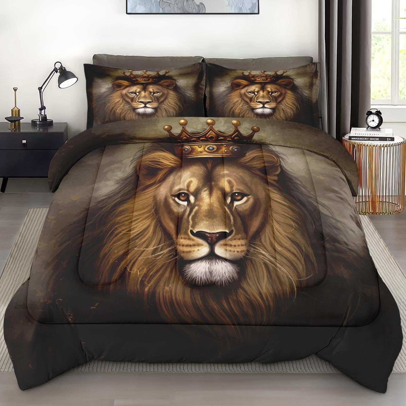 Pamnest Comforter Set Queen Size, King Lion Golden Soft 3 Pcs Bedding for Kids and Adults, Animal Painting Cat Comforter Set with 2 Pillowcases, for Bedroom Bed Decor