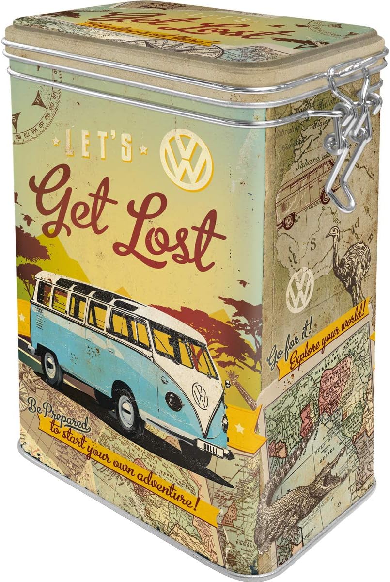 Retro coffee tin box, 44 oz, VW Bulli – Let's Get Lost – VW Bus Gift idea, Official License Product (OLP), metal clip top can, vintage design