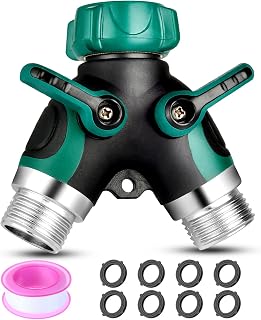 2 Way Garden Hose Splitter, 3/4" Garden Hose Connector Adapter for Lawn and Garden, Metal Body Rubberized Grip Y Hose Splitter with 2 Valves Plus 8 Extra Rubber Washers, Green