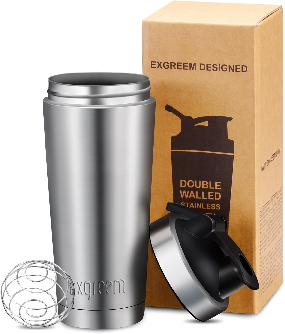 Shaker Bottle Exgreem 26oz Top Stainless Steel Insulated Water Bottle Protein Mixing cup - Holds Ice for more 30+ Hours (26 oz)