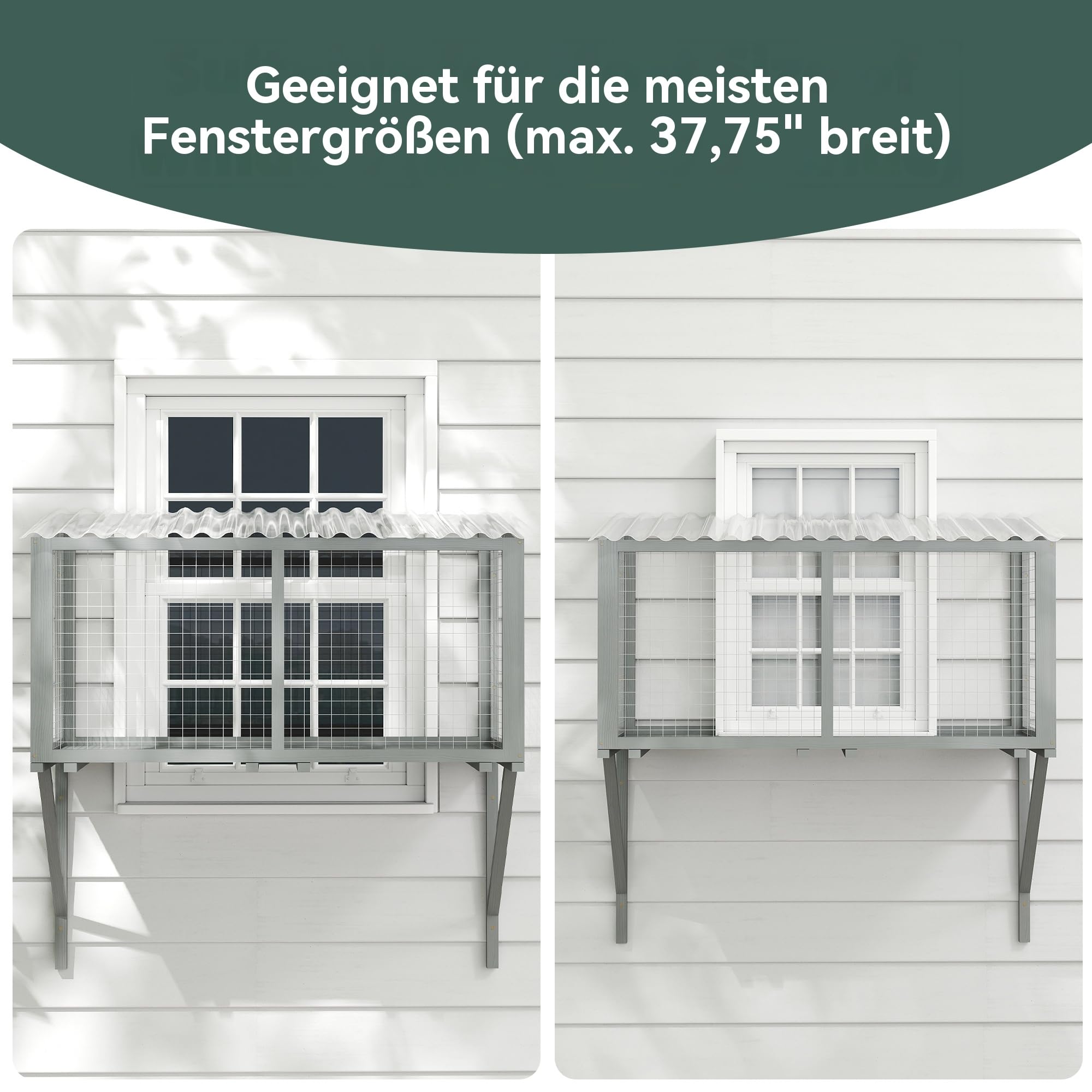 Outdoor Katzenfenster Catio aus Holz – Wetterfester Katzen-Fensterkasten mit verzinktem Drahtgitter & PVC-Dach, Große Aussichtsplattform für Katzen, Stabil an der Wand montierbar (Dunkelgrau)