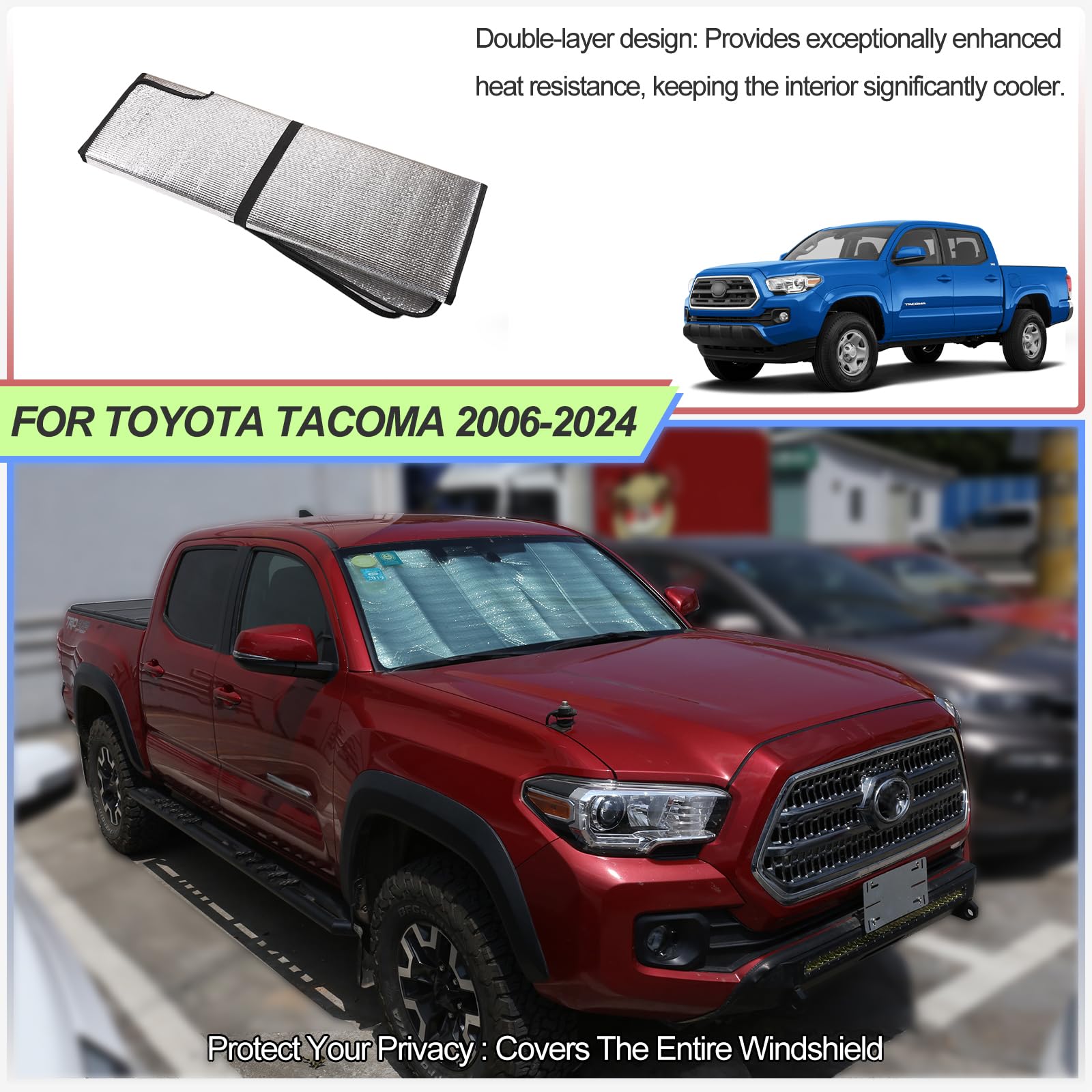 Front Windshield Sunshade for Toyota Tacoma 2006-2024 Accessories, Windshield Sun Shade, Foldable Reflective Sun Visor, Screen Shield Cover UV Blocker Protector HeatShield Keeps Your Vehicle Cool
