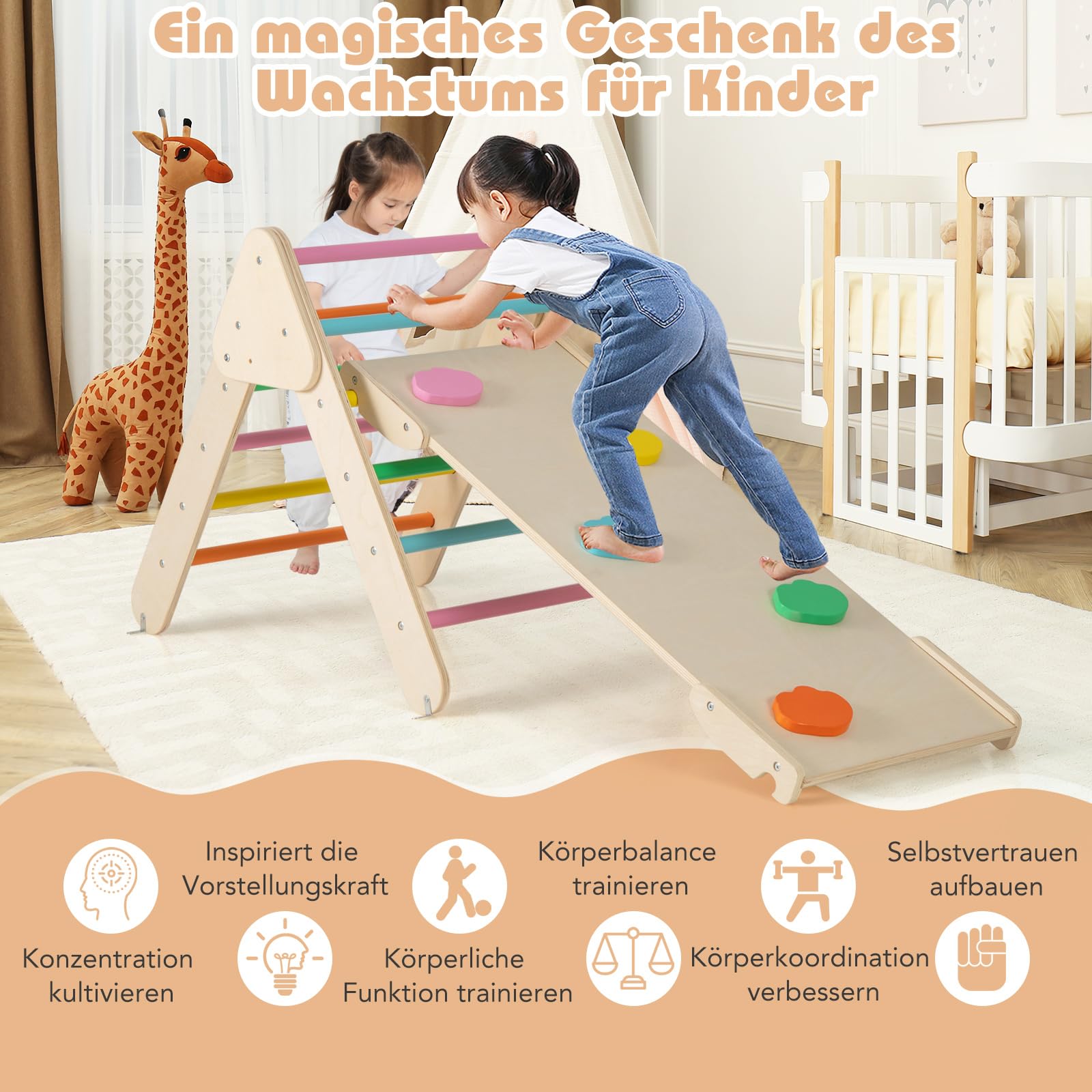 COSTWAY Klettergerüst Indoor, inkl. Kletterdreieck & Kletterbogen & Rampe, Indoor Spielgeräte Holz, Sprossendreieck Frei kombinierbar, Klettern Kinder Indoor ab 1 Jahr (Bunt)