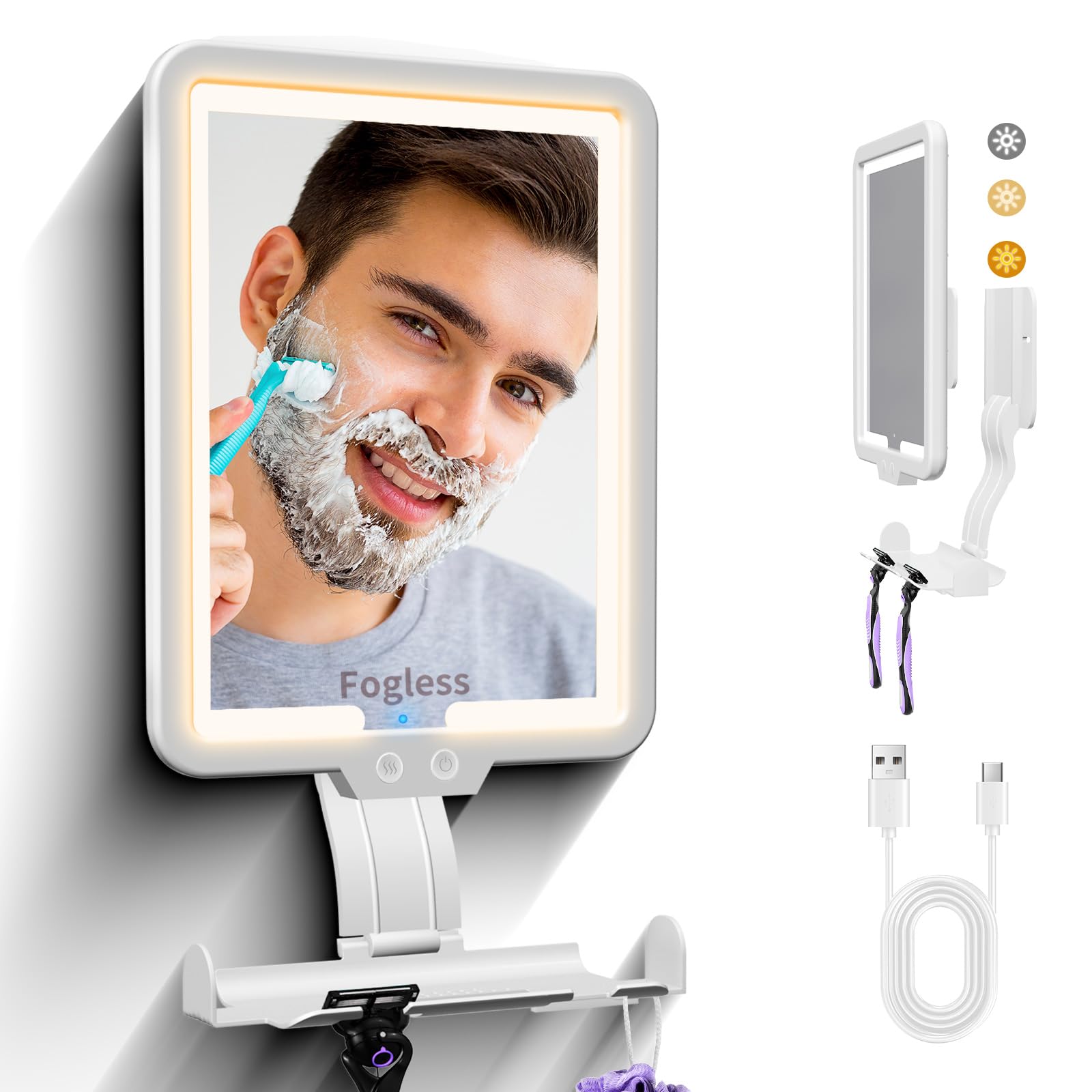 White Heated Fogless Shower Mirror with Dimmable Light