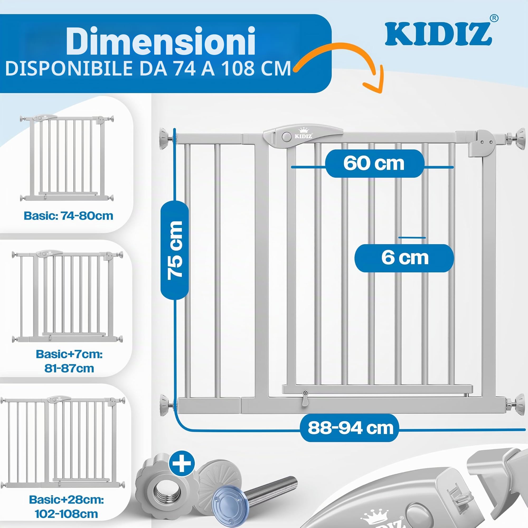KIDIZ Griglia di protezione per scale senza foratura, larghezza regolabile: 88 – 94 cm, altezza 75 cm, griglia di protezione per porte e cani per bambini e cani, apertura con una sola mano su entrambi