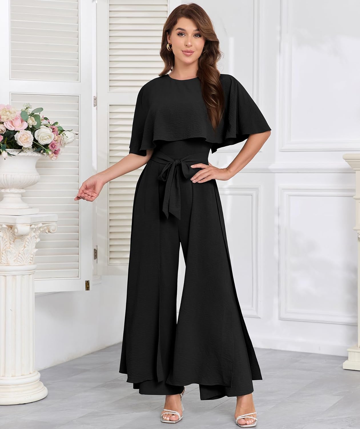 Jumpsuits for Women Dressy Casual One-Piece Outfits Elegant Formal Cape Belted Wide Leg Rompers Evening Pantsuits - Image 3