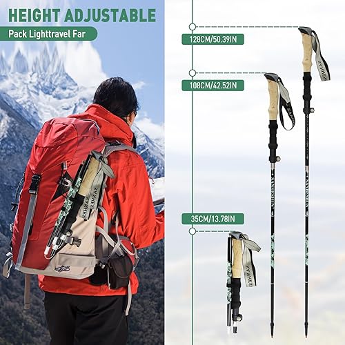 Miniatura 3 de Bastones de senderismo para caminar, paquete de 2 unidades, aleación de aluminio ligera de 5 secciones con bloqueo antigolpes y cierre rápido, mango