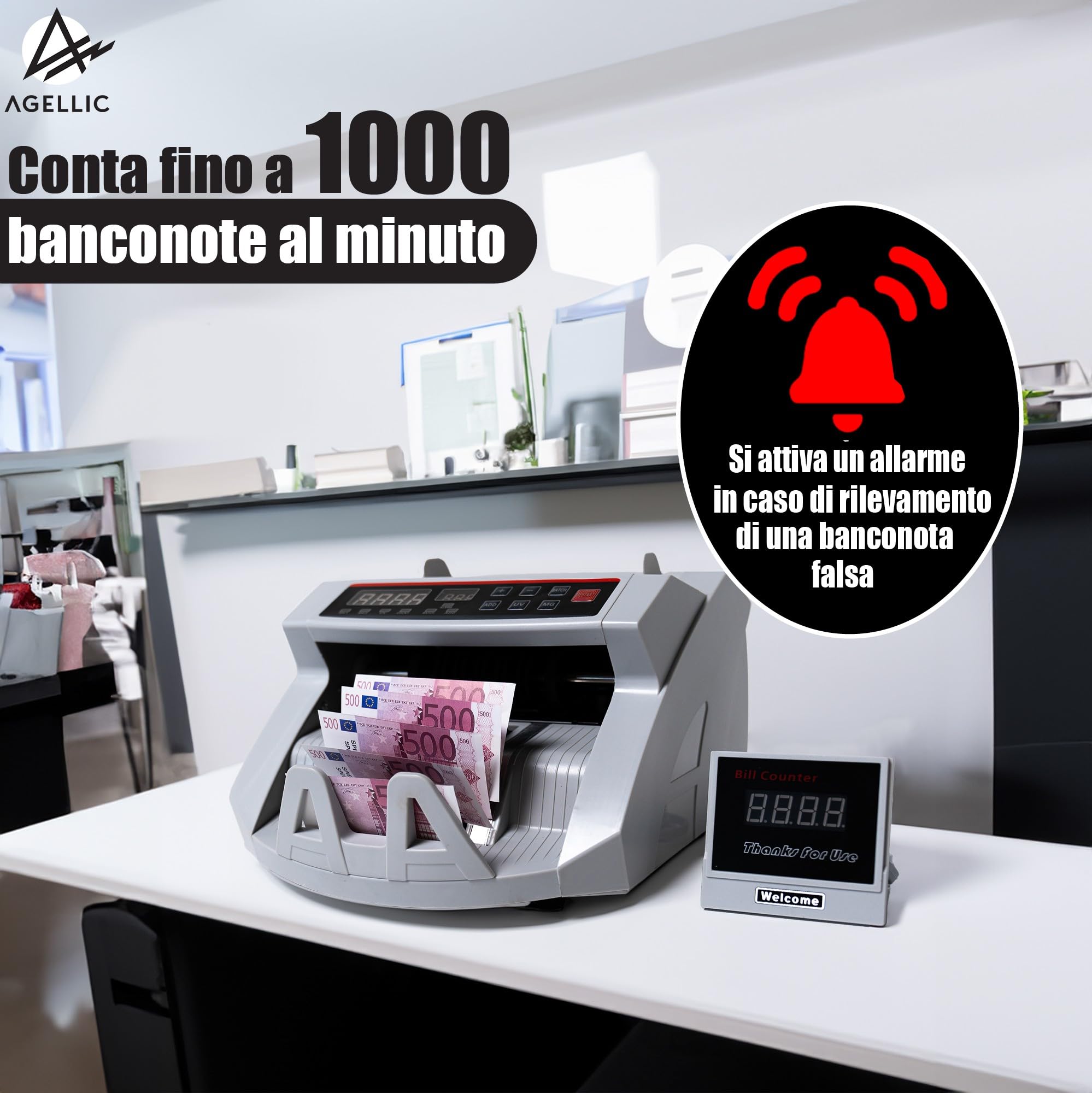 Conta Banconote | Macchina Conta Soldi Professionale | Rilevatore Banconote False 3-Fold | 1000 Banconote/min | Verifica Banconote e Controllo Soldi Falsi | Incl. Pennarello Banconote