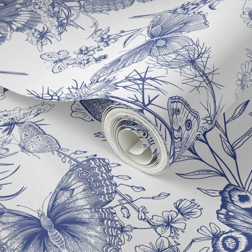 Peel & Stick Wallpaper 3ft x 2ft - Butterflies Wild Flowers White Vintage Blue Retro Custom Removable Wallpaper by Spoonflower