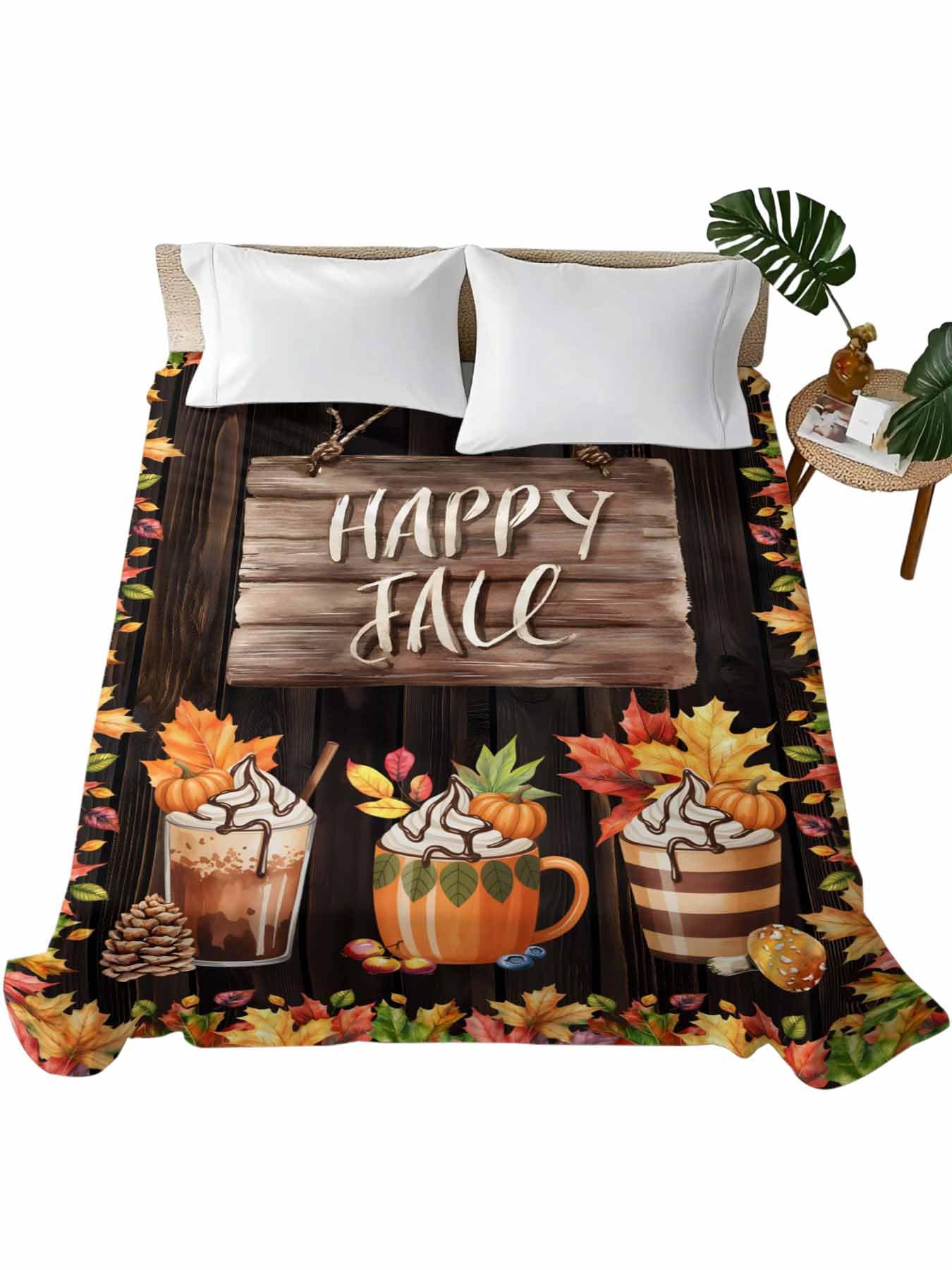 King Size Flat Sheet Only, Fall Maple Leaf Orange Watercolor Bed Top Sheet Soft Microfiber Breathable Bedding Flat Sheets, Coffee Drink Thanksgiving Pumpkin Top Sheets Hotel Luxury