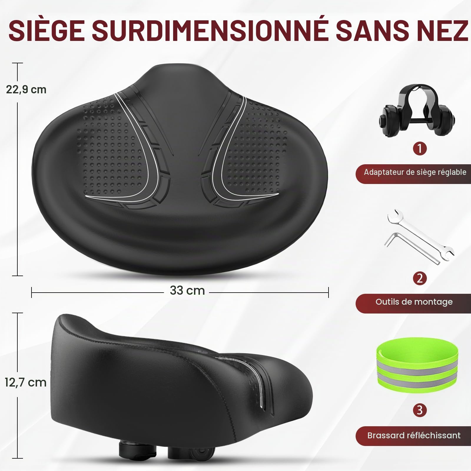 BLUEWIND Noseless Selle de vélo surdimensionnée avec dossier large pour vélo électrique, s'adapte à la plupart des vélos d'appartement ou de route stationnaires pour homme et femme (noir)