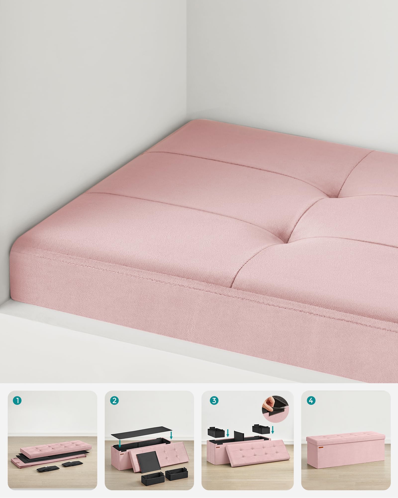 SONGMICS Skrzynia do Przechowywania, Składany Podnóżek, 38 x 110 x 38 cm, Ottoman, Obciążenie 300 kg, Salonu, Sypialni, Wejścia, Pastelowy Róż LSF277R01
