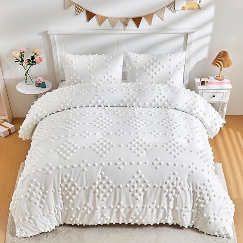 Miniatura 9 de Juego de ropa de cama de 3 piezas con diseño bohemio de lunares copetudos, tamaño Queen, para niñas, jacquard blanco, con pompones, bordado, ropa de