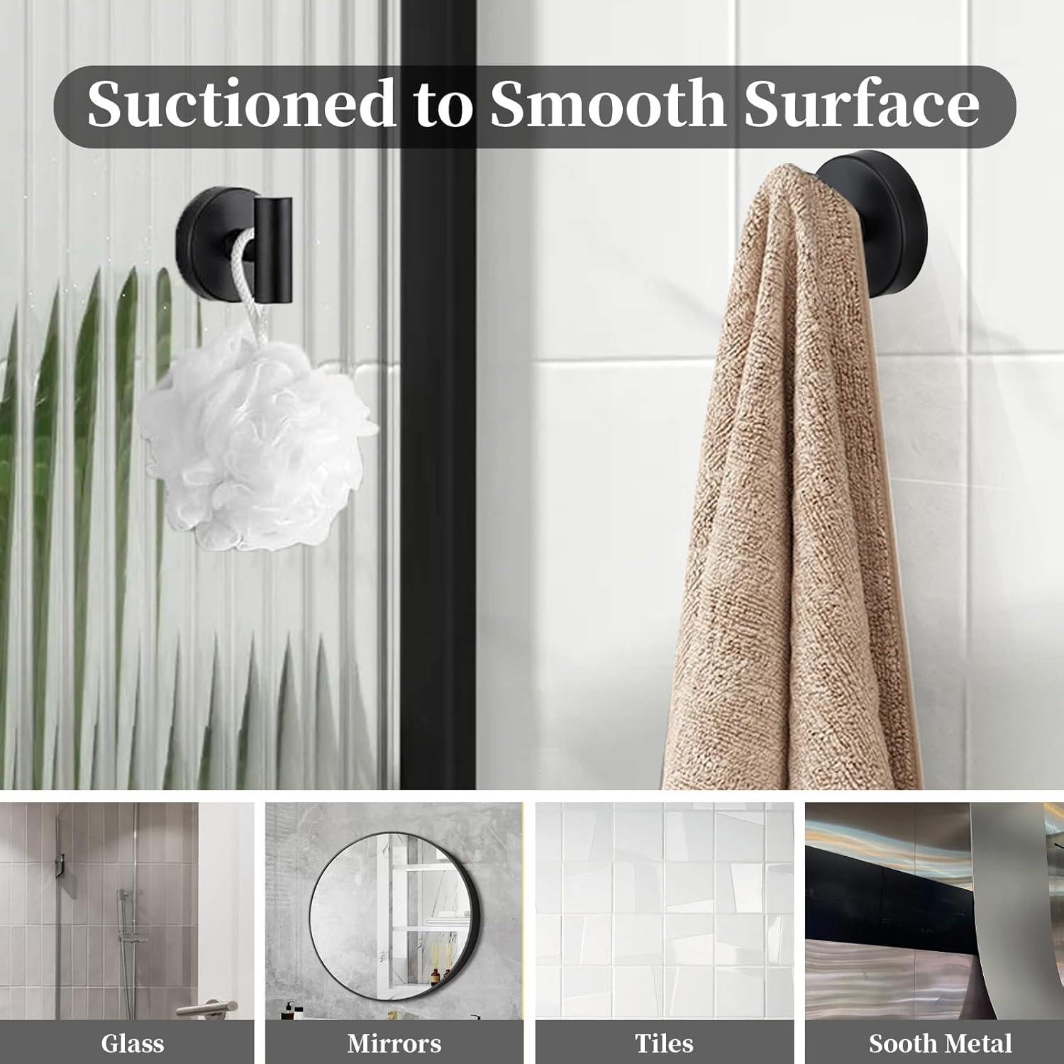 Suction Cup Hooks for Shower, 2 Pack Towel Hook for Bathroom Wall, No-Drill Wall Hanger for Kitchen, Glass, Mirror, Tile to Hang Towels,Robes,Loofah(Black)