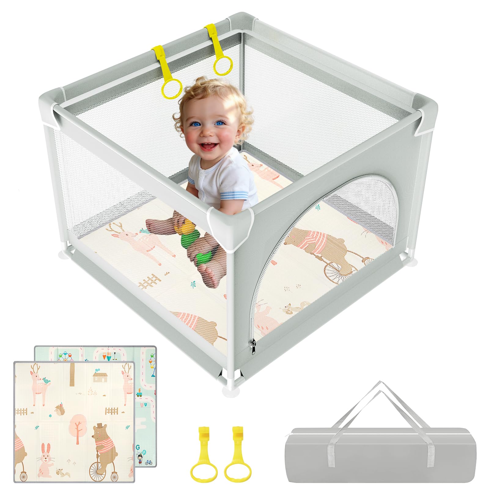 YOBWOK Baby Playpen with Mat,35x35inch Small Baby Play Pen,Sturdy Safety Play Yard for Babies and Toddler,Toddler Playpen for Apartment,Soft Breathable Full Mesh Baby Activity Play Fence