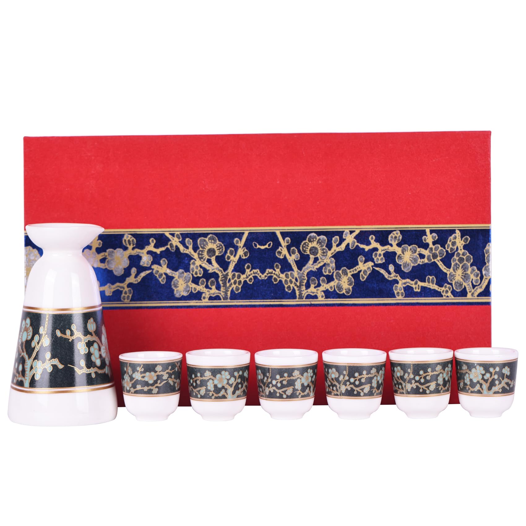 XINGYANJapanese Sake Set–Ceramic Sake Set with Plum Blossom and Koi Fish Pond Designs,Sake Bottle with 6 Cups,Perfect for Gift Packing–Traditional Japan Sake Set (Bloom)