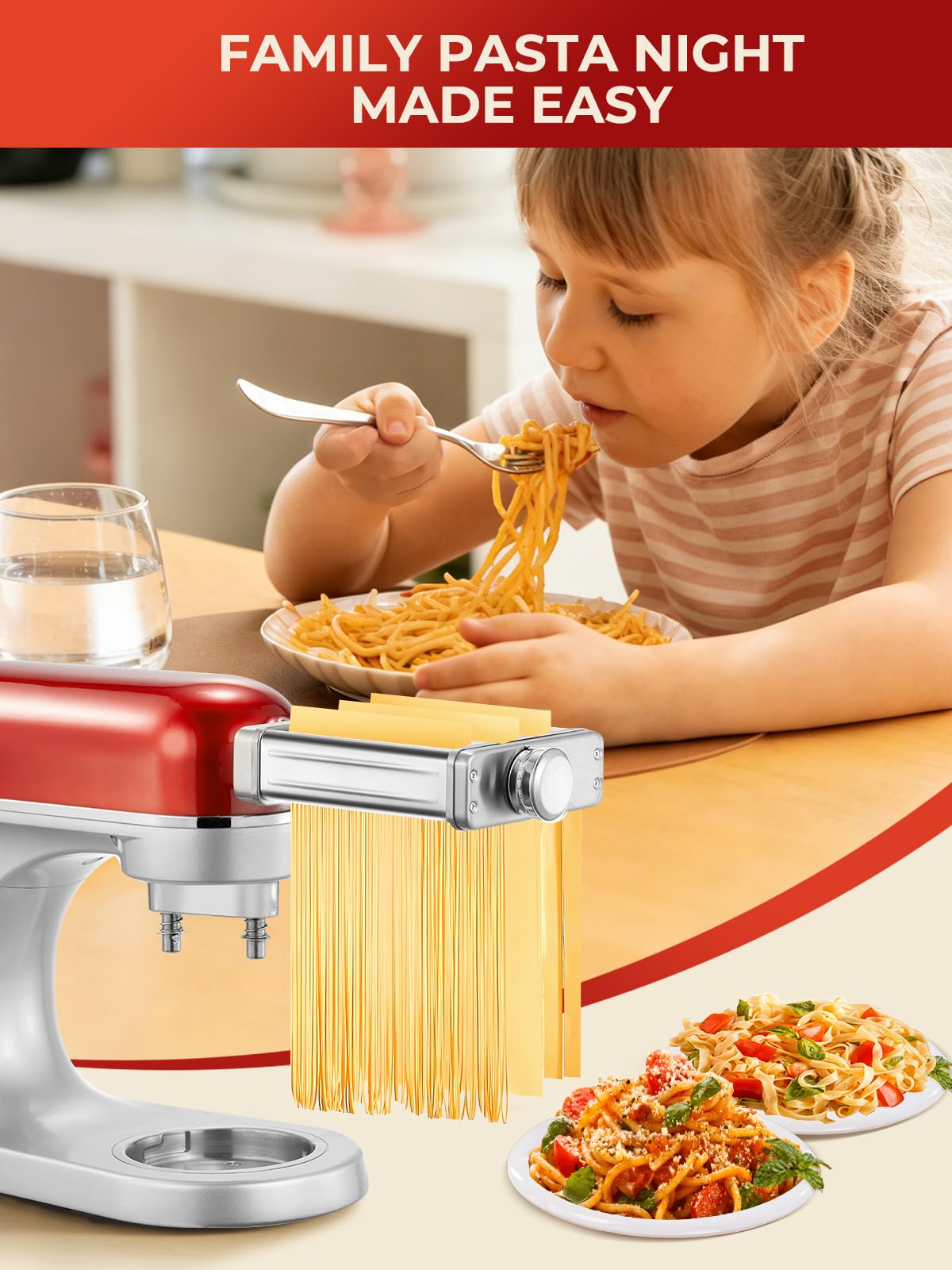 FOHERE 3 in 1 Pasta Zubehör für KitchenAid Standmixer, Edelstahl Nudelaufsatz Set für KitchenAid Nudelvorsatz, Inkl FettuccineSchneider, SpaghettiSchneider & Nudelwalze
