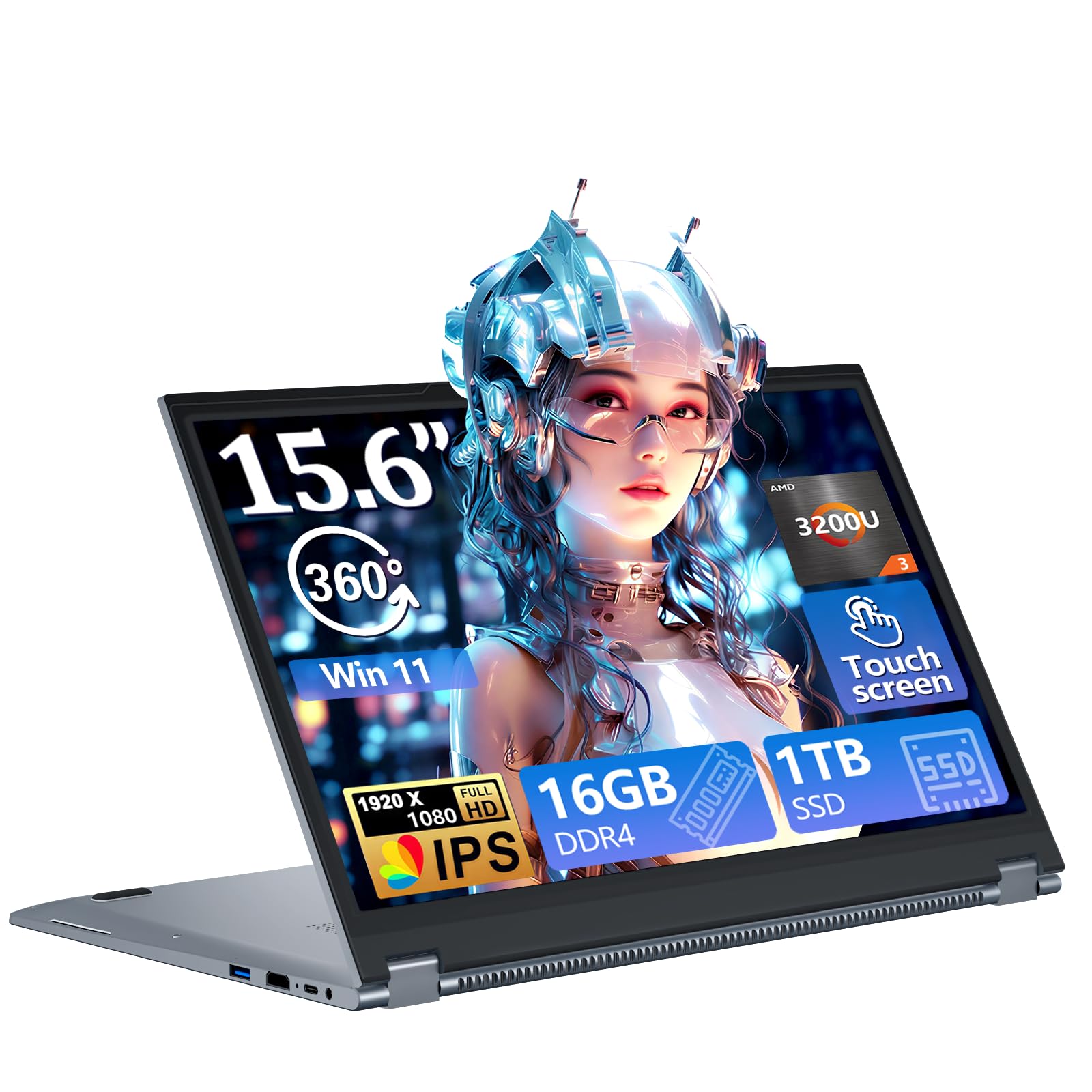 15,6 Pulgadas Ordenador Portátil Pantalla Táctil 2 en 1, Laptop 16GB RAM 1TB SSD, Win11 PC Portátil con Ryzen 3 3200U Procesador, Computadora Portátil 360° Pantalla Táctil 1080P FHD IPS Type-C RJ45