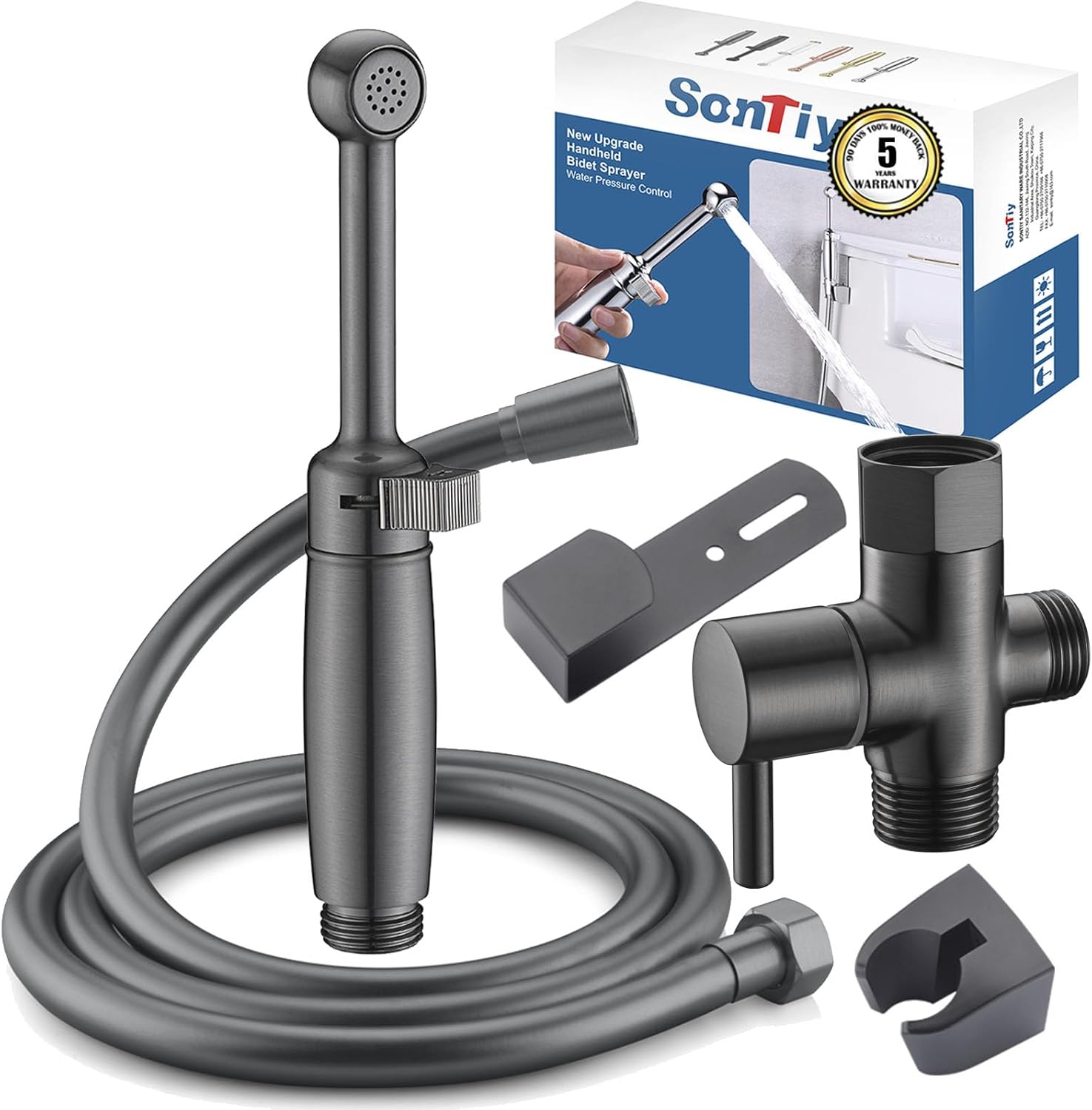 SonTiy Handheld Bidet Sprayer for Toilet, Cloth Diaper Sprayer Set Hand Held Bidet Jet Spray for Toilet with Backflow Preventer, Adjustable Water Pressure Control, Brass, Black Stainless