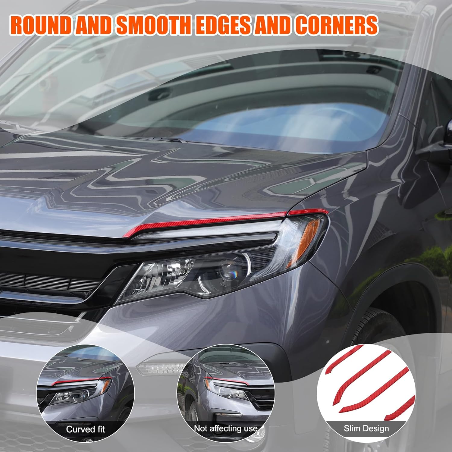 Headlight Eyelid Eyebrow Cover Trim for Honda Pilot 2016-2022 Accessories, Front Headlamp Eyebrow Cover Decoration Strip, Front Bumper Headlight Eyelid Molding Trim Sticker, Carbon Fiber (Red)