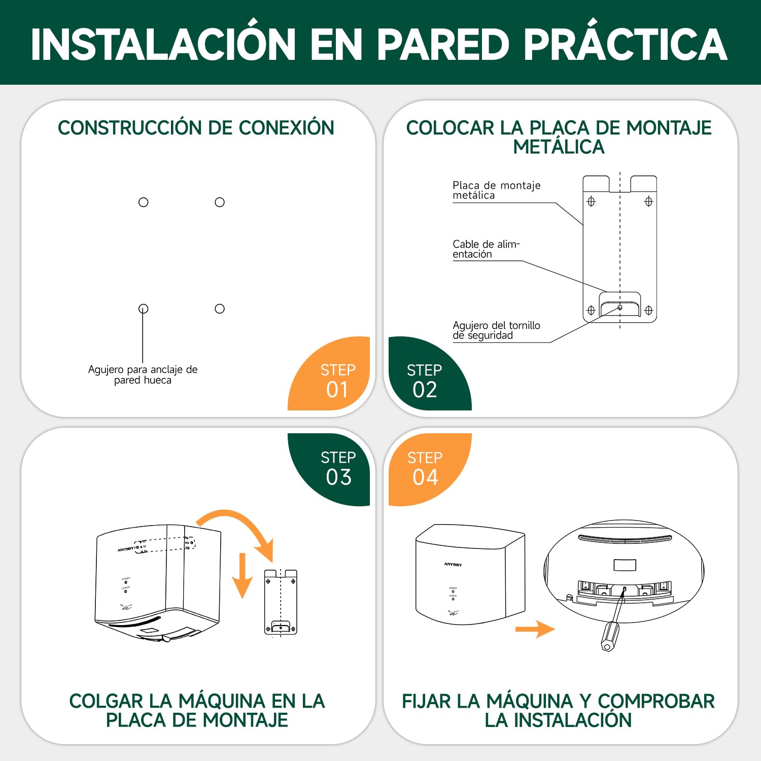 anydry 2630S Secador de Manos Compacto automático de Alta Velocidad,Comercial y hogar,Cubierta de ABS,1400-1650W,Negro