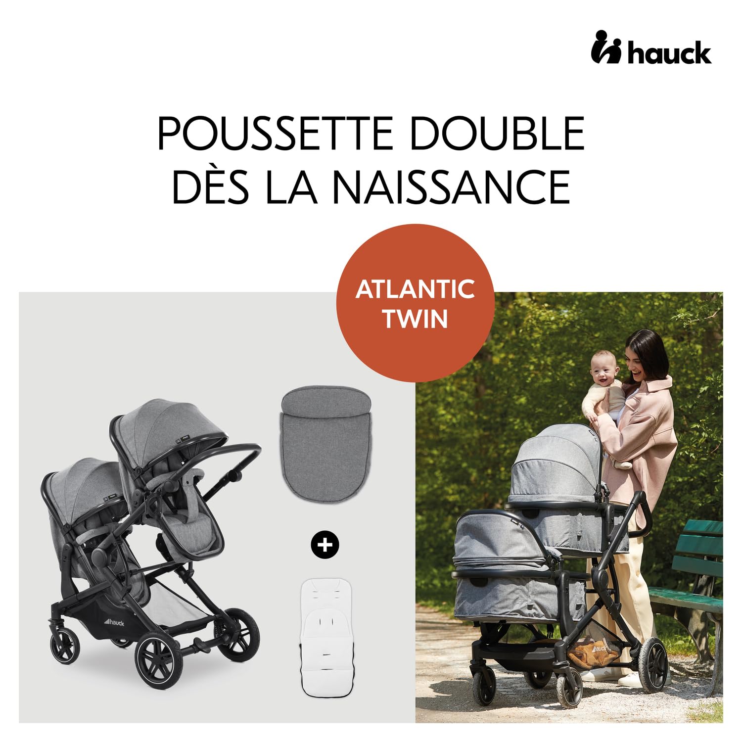 hauck Atlantic Twin Poussette Double – Dès la Naissance jusqu’à 15 kg par Enfant – 2 Nacelles Convertibles en Sièges Inclinables – Pliable – Hauteur Réglable – Roues en Caoutchouc, Gris Chiné