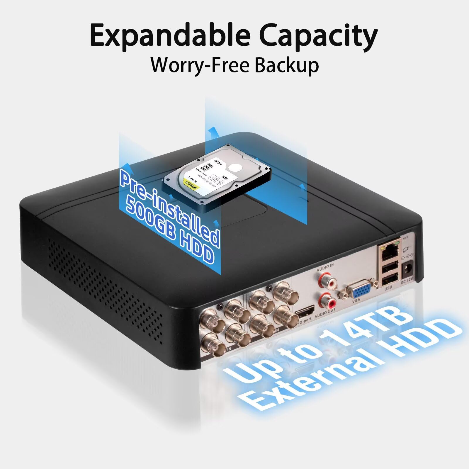 8 Channel Security DVR Recorder with 500G HDD, 8CH Hybrid 6-in-1