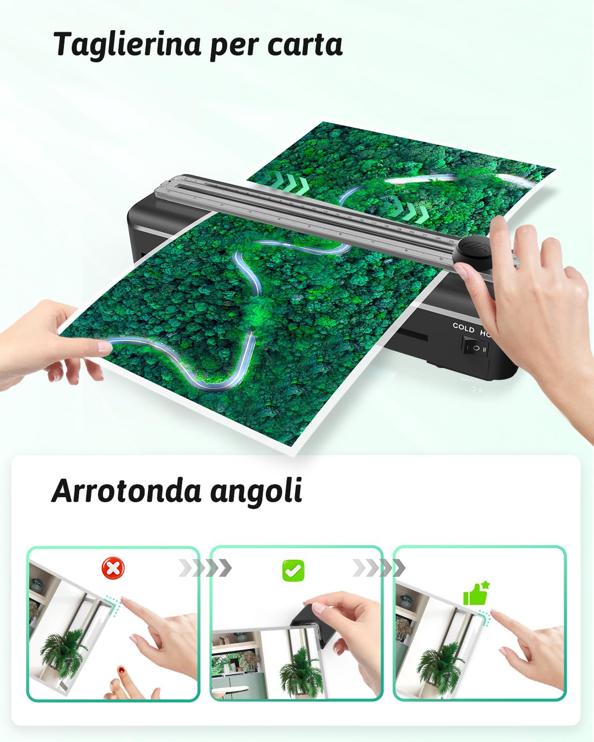 Plastificatrice A4 con 20 Pellicole di Laminazione per Formato A4 A5 A6, Riscaldamento Rapido, Caldo e Freddo, Laminatore Multifunzione con Taglierina e Angolo Rotondo